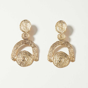Highly textural statement earrings. Three spheres and a faceted arc make up the composition of each earring that measures 2 inches in length.