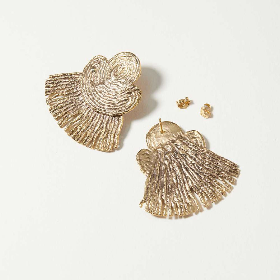 The Jagoda Earrings are highly textured from constructed threads that were made by hand then cast into metals.