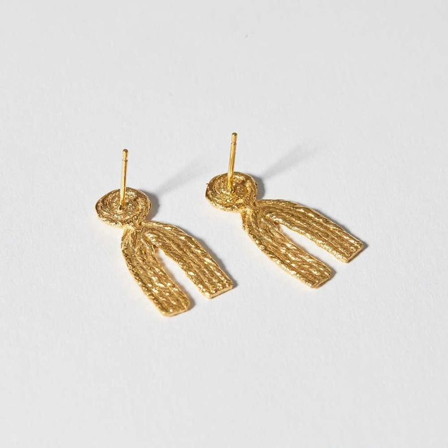 The Sun Over Hill earrings showing the back side. They take their texture from cotton thread that has been formed into two joined shapes...a circle tops a narrow arc. 